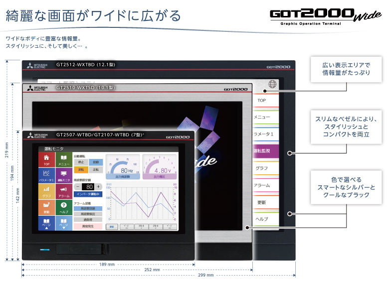 綺麗な画面がワイドに広がる／ワイドなボディに豊富な情報量。スタイリッシュに、そして美しく…。／GOT2000 Wide