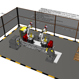 Arc Welding Cell with Multirobot HANDSHAKE and One-axis positioner (OLP)